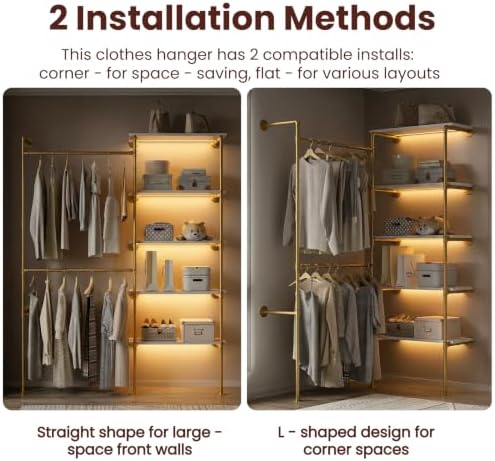 Industrial Pipe Clothing Rack with LED Lights& Shelves, Gold - Image 3