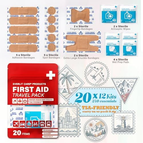EVERLIT CARE Travel Bandage Pack | 12 Individual Packets, Bulk Portable Mini First Aid Kit with 20 On-the-Go Essentials | Compact Water-Resistant Reusable Pouch to Clean, Cover & Protect - Image 3