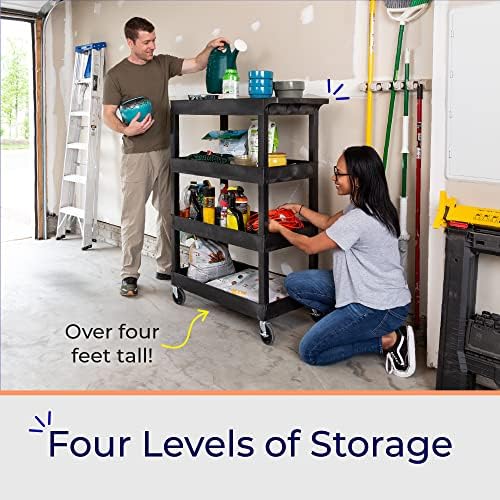 Stand Steady Tubstr 4 Shelf Utility Cart Supports Up to 300 lbs - Heavy-Duty Plastic Service Push Cart with Deep Shelves and 4" Casters, for Offices, Warehouse Storage, Garage (Black, 35 x 18 x 50) - Image 5