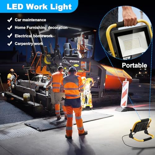 9600LM LED 80W Work Light, Portable Flood Light with 18FT Cord, IP66 Waterproof 5000K Worklight Floodlight for Outdoor, Job Site Workshop Garage Construction Site Lighting - Image 5