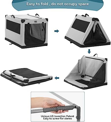 PETSFIT 40" Soft Portable Dog Crate – Patented Spiral Sturdy Frame, Collapsible Travel Kennel for Large Dogs, 3 Mesh Door, Lockable Zippers, Indoor & Car Use Gray - Image 6