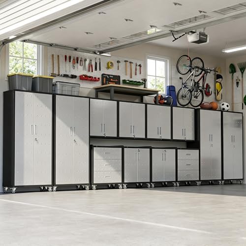12-Piece Heavy Duty Steel Garage Cabinet System | All-in-One Modular Garage Cabinet Set for Ultimate Workshop Organization | Easy Assembly Garage Storage Cabinets & Tool Bench by VIYET