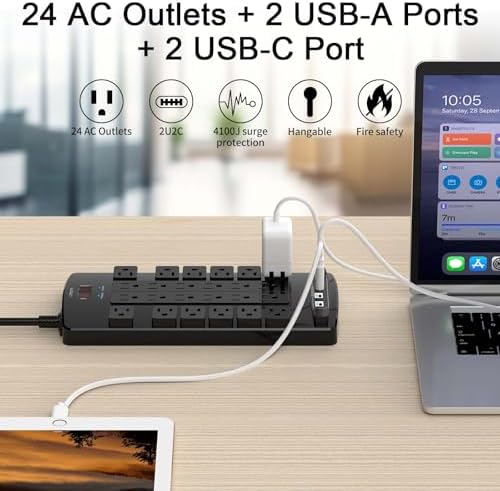 QINLIANF Surge Protector Power Strip - 6Ft Flat Plug Heavy Duty Extension Cord with 24 Outlets and 4 USB Ports(2 USB-C Ports), 4100J, for Home, Office, Dorm, ETL Listed, Black - Image 2