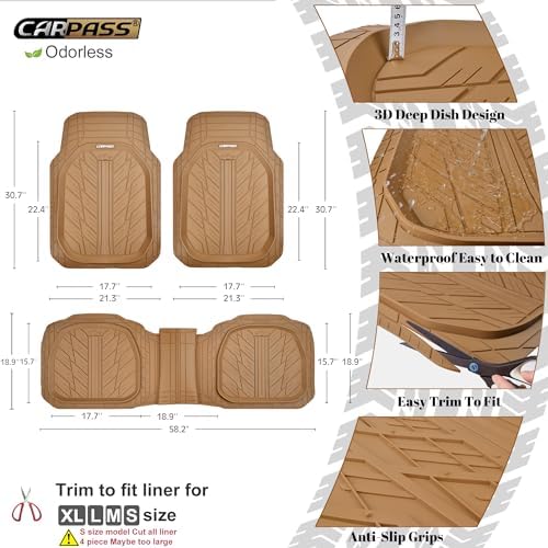 CAR PASS Tire Tread DeepDish Rubber Floor Mats for car Heavy Duty car mats All Weather, Universal XL~M Trim to Fit for Truck SUV Vehicle Automotive, Waterproof car mats 3 piece Solid Beige - Image 2