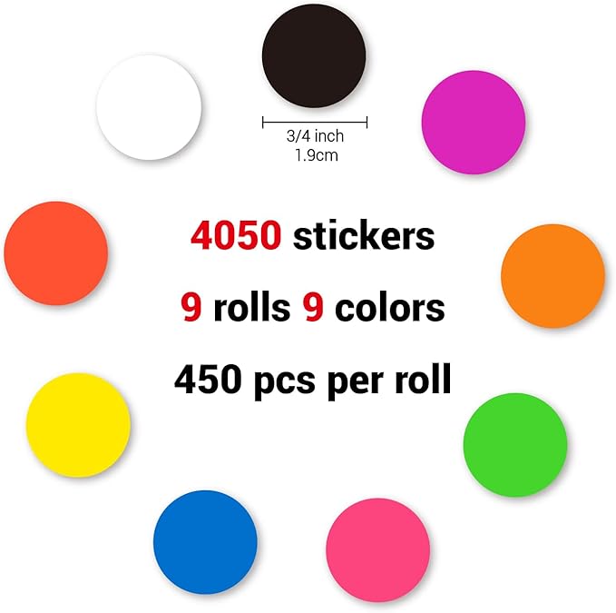 4050 PCS 9 Color 3/4" Colored Dot Stickers Round Color Coding Labels Circle - Image 2
