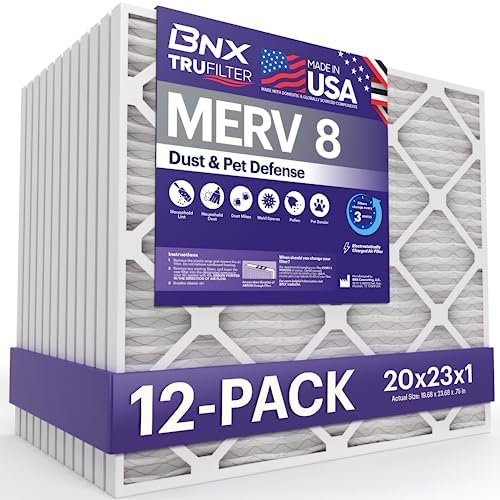 BNX TruFilter 20x23x1 Air Filter MERV 8 (12-Pack) - MADE IN USA – Dust & Pet Defense Electrostatic Pleated Air Conditioner HVAC AC Furnace Filters for Dust, Pet, Mold, Pollen MPR 600 – 700 & FPR 5 by BNX