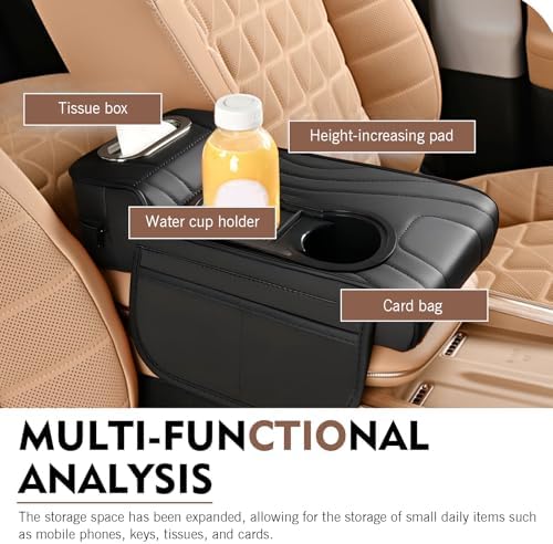 Car Armrest Box Mat, Multifunctional Soft Leather Center Console Height Enhancement Storage Armrest Decoration with Tissue Box, Cup Holder, Side Bags, Universal for Most Cars (Black) - Image 5