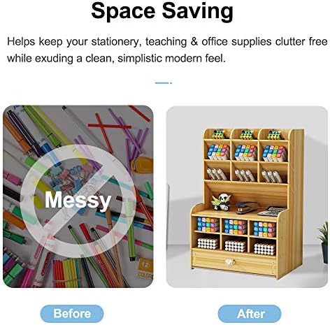 Hggzeg Wooden Desk Organizer with Drawer, Large Capacity DIY Pen Holder Storage Box Desktop Stationary Storage Rack, Pen Organizer Caddies for Office, Home and School Supplies (B16-Cherry Color) - Image 2