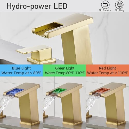 AVSIILE LED Bathroom Faucet 3 Hole, Brushed Gold Waterfall Bathroom Faucets - Image 2
