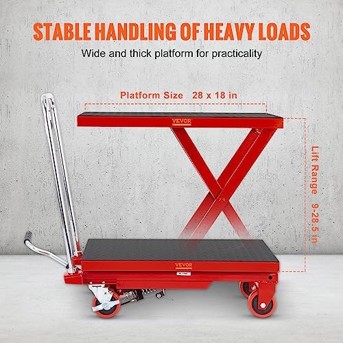 VEVOR TF23 Hydraulic Lift Table Cart, 500lbs Capacity 28.5" with 4 Wheels and Non-Slip Pad, for Material Handling and Transportation, Red - Image 3