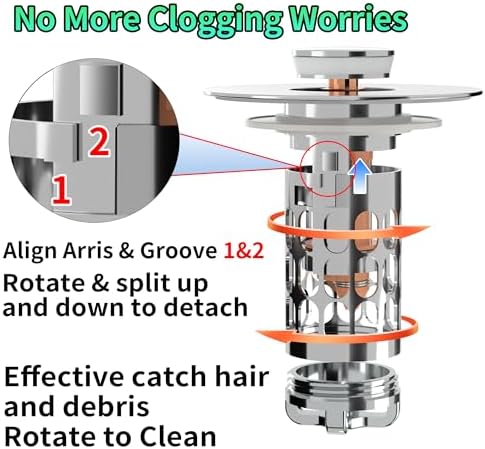 Bathroom Sink Stopper Drain Hair Catcher,3 in 1 Bathroom Sink Drain Strainer with Anti-Clogging Filter Basket,Sink Stopper Bathroom Drain for 1.06"~1.61" Drain Hole 2 PCS(Silver Chrome) - Image 4