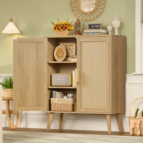 Iwell Storage Cabinet with 2 Shelves, Rattan Cabinet with 2 Doors, Sideboard Buffet Cabinets with Storage for Living Room, Dining Room, Entryway, Natural - Image 2