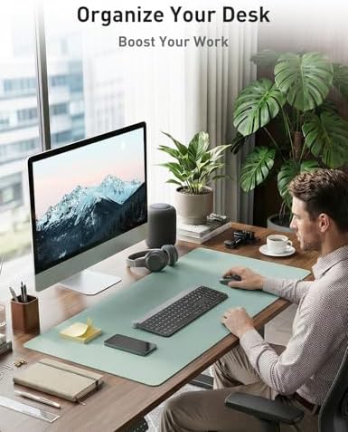 Aothia Faux Leather Desk Mat - Non-Slip PU Leather Desk Blotter, Waterproof Writing Surface, Large Desk Pad for Office & Home (Light Blue, 55" x 17") - Image 3