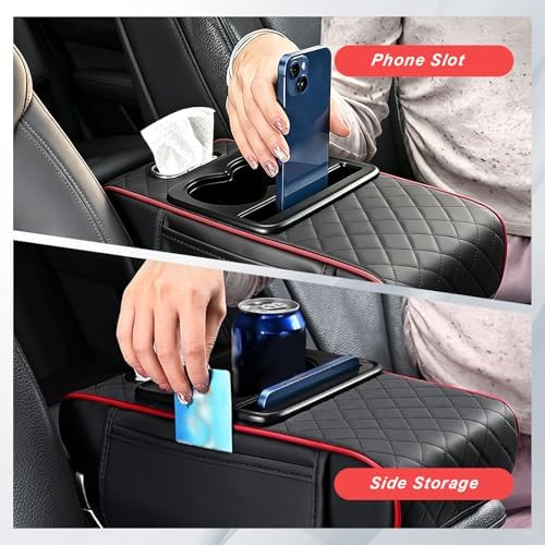 Car Armrest Cover, 5-in-1 Center Console Cover with Cup Holder, Black/Red - Image 3