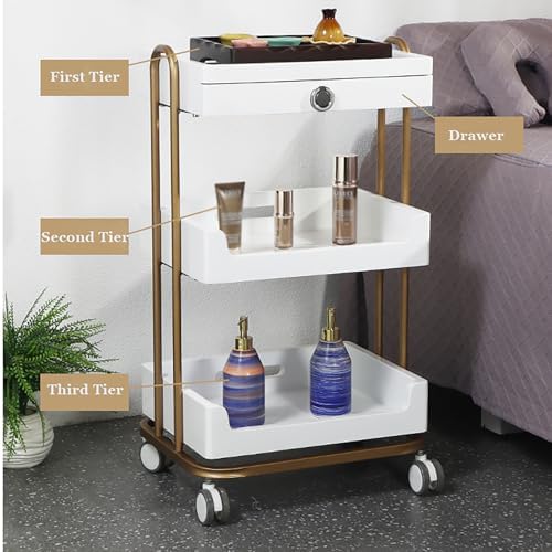Beauty Cart Shelf 3-Tier Rolling Spa Cart Storage Rack W/Lockable Wheels Trolley Easy Organization & Mobility Solution,F - Image 2
