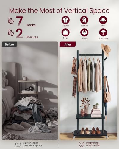VASAGLE Freestanding Coat Rack with Wheels, 7 Wooden Hooks, 2 Shelves - Image 3