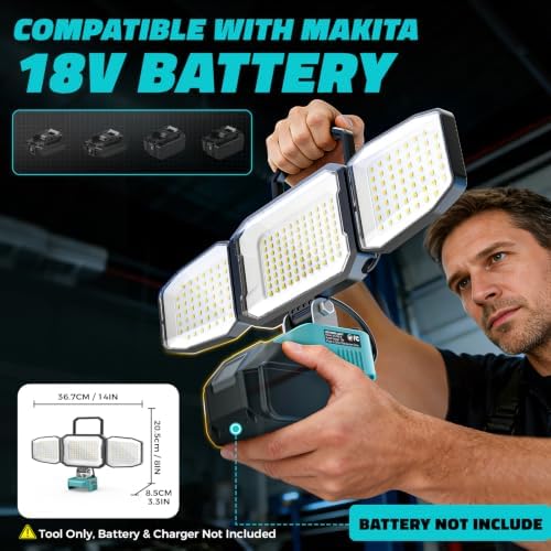 LED Work Light Compatible with MaKita 18V Battery, 150W 15000LM Flood Light, 6500K Daylight 3-Head Adjustable, USB Type-C&2 Brightness Modes Portable Flashlight Job Site Light (Tool Only) - Image 2