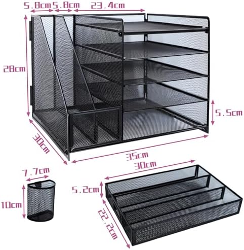 Desk Organizers and Accessories with File Holder, 5-Tier Paper Letter Tray Organiser with Drawer and 2 Pen Holder, Mesh Desktop Document Organizer for Office Supplies, Workspace - Black - Image 2