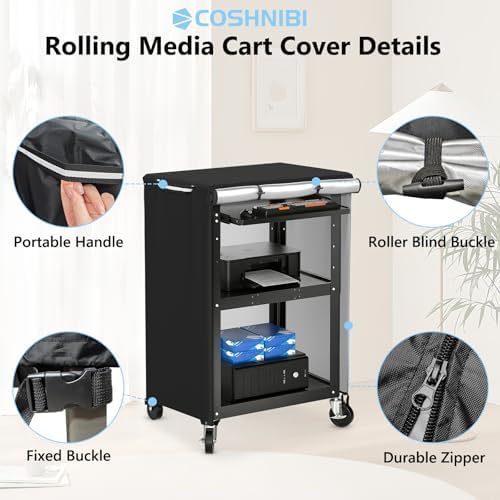 COSHNIBI AV Cart Cover, Heavy Duty Waterproof Rolling Media Cart Cover for Multi-Functional Media Carts/Metal Computer Presentation Stand with Wheels,29" L x 19" W x 40" H,Black - Image 4