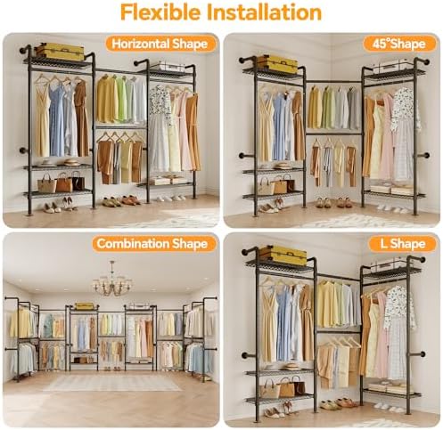 Higeego W3 Wall Mounted Clothes Rack, Industrial Pipe Clothing Rack, Black - Image 6