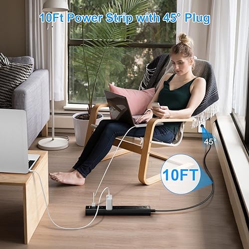 10FT Long Surge Protector Power Strip-with 5 Widely Outlets and 3 USB Ports(1 USB C Port),10 Foot Extension Cord(1250W/10A),Wall Mount for Home Office,700 J,Black(2 Pack) - Image 6