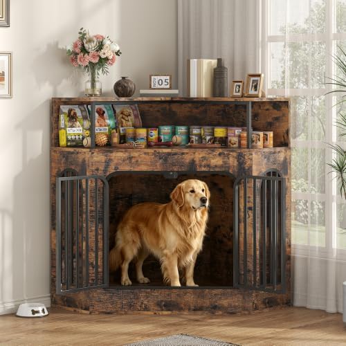 kepptory 46" Corner Dog Crate Furniture, Space Saving Wooden Dog Kennel with TV Stand & Side Table, 200 lbs Weight Capacity, Pet Cage with Secure Lock, Easy Assembly Indoor Crate - Image 3
