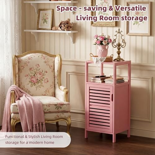 HITNET Small Bathroom Storage Cabinet, Bamboo Floor Cabinet Single Door, Freestanding Narrow Side Organizer for Living Room Hallway Entryway, Pink - Image 5
