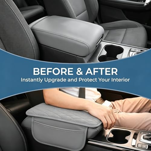 Car Center Console Cover, Leather Car Armrest Cover with 2 × Storage Bags, Waterproof Auto Arm Rest Covers Pad, Universal Console Covers for Storage Box Protector for Vehicle SUV Truck (Gray) - Image 6