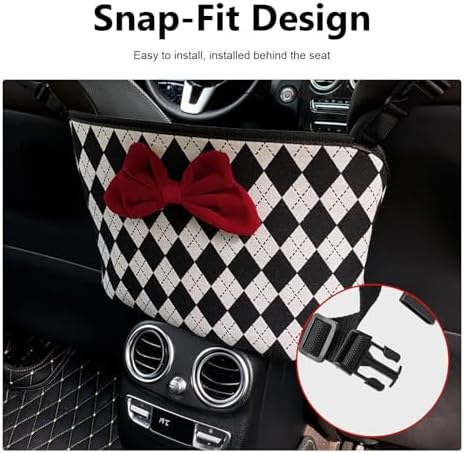 Car Between-Seat Storage Bag, Argyle Pattern Bowknot Decor Car Console Organizer for Grocery Personal Item, Universal for Most Car Models (Black & White) - Image 5