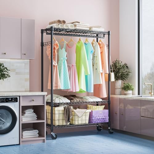 IZEUK Heavy Duty Rolling Garment Rack Wire Clothes Rack for Hanging Clothes (Black, 3 Tier with 1 Rod, 15.7" D x 45.3" W x 75.6" H) - Image 6