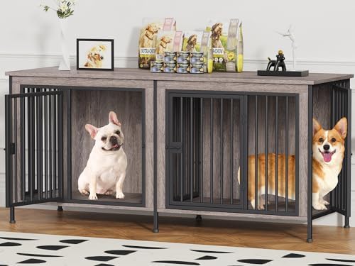 EasyCom 63" Dog Crate Furniture for 1 or 2 Dogs, 20-35 Pounds, Oak Grey by EasyCom