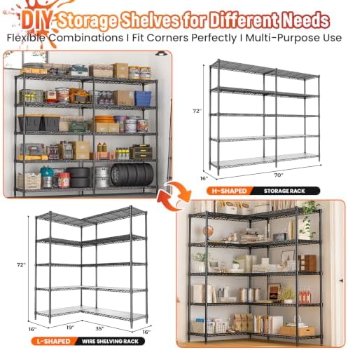 70" W Storage Shelves 1430 LBS Heavy Duty Wire Shelving, 5 Tier Adjustable Metal Garage Shelving, Pantry Kitchen Storage Rack with Liners, DIY L-Shaped Corner Shelf, 70" W x 16" D x 72" H - Image 4