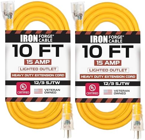 IRON FORGE CABLE 2 Pack of 10 Foot Outdoor Extension Cords - 12/3 SJTW Heavy Duty Lighted Yellow Extension Cable Set, 15 AMP by IronForgeCable