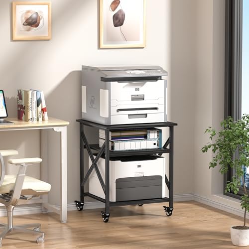 Printer Stand, 23.6 x 23.6 Inches Large Printer Stand with Adjustable Storage Shelf, 3 Tier Printer Table for Home Office, Rolling Printer Cart with Industrial Wheels, Mini Fridge Stand Table, Black - Image 3