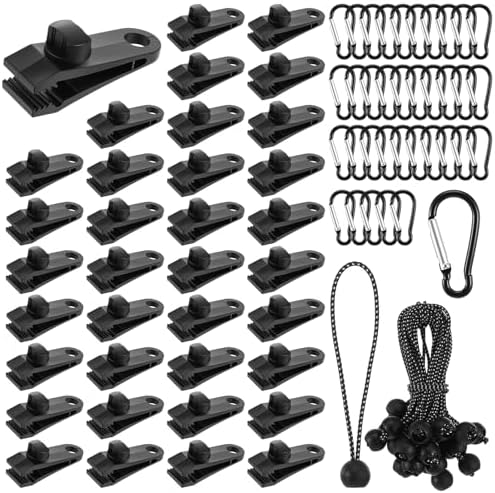 108Pcs Tarp Clips Heavy Duty with Carabiner Clips and Bungee Cords Set, Shark Tent Fasteners Clips Holder for Swimming Pool Cover Awnings Outdoor Camping Caravan Canopies Car by Unknown