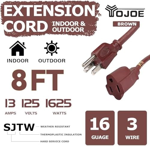 YOJOE Indoor Outdoor Extension Cord, 3 Prong 13A Weatherproof Power Cord, 16 Gauge Heavy Duty 8 ft Brown Extension Cord for Garage, Garden and Home, 16/3 SJTW UL Certified - Image 2