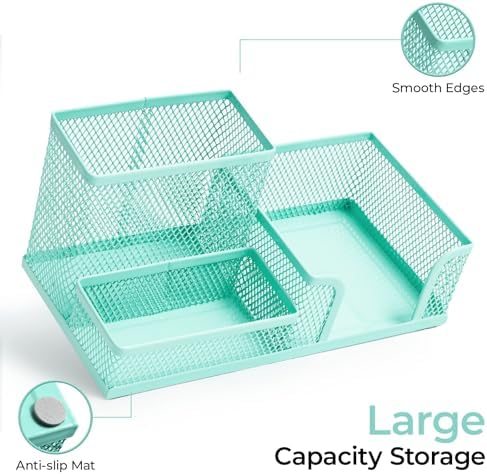 M&G Mesh Pen Holder Desk Organizers Pencil Holder for Desk Light Blue, 3 Compartments Metal Office Supply Organizer with Sticky Notes Holder for Home Office - Image 3