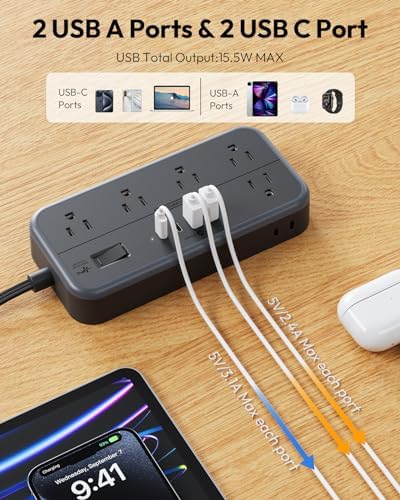 NTONPOWER Power Strip 15 Ft Cord, 10 Widely Spaced Outlets, 4 USB Port(2 USB C Port), Ultra Thin Flat Plug Extension Cord 15 Feet for Home Office Garage, Black - Image 4