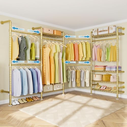 Timate L4 L Shape Garment Rack Heavy Duty for Hanging Clothes, Expandable Industrial Pipe Clothing Rack, Wall Mounted Closet Organizer Large Wardrobe Kit Corner System Gold by SturdyWallMountedClothesRack