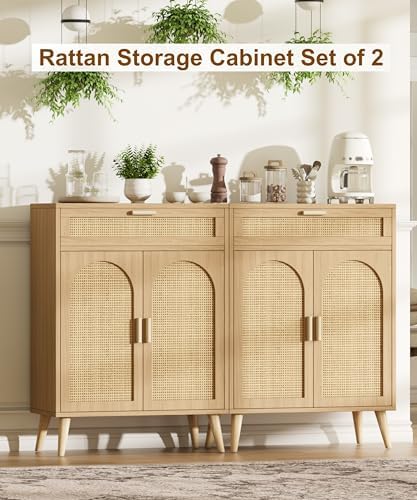 Keehusux Rattan Sideboard Buffet Cabinet Set of 2, Natural Oak - Image 3