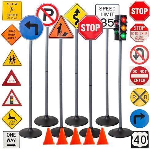 Attatoy Large Traffic Signs Playset (32pc Set), 42in Tall Street Sign and Traffic Light Set for Play with Ride-On Cars and Vehicles by Attatoy