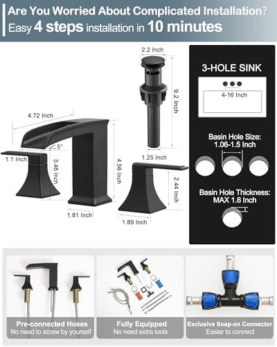4-16 Inch Waterfall Bathroom Faucet Black, Modern Brass Bathroom Faucets 3 Hole, 2 Handle Widespread Faucet for Bathroom Sink with Pop-up Drain and Supply Hoses - Image 3