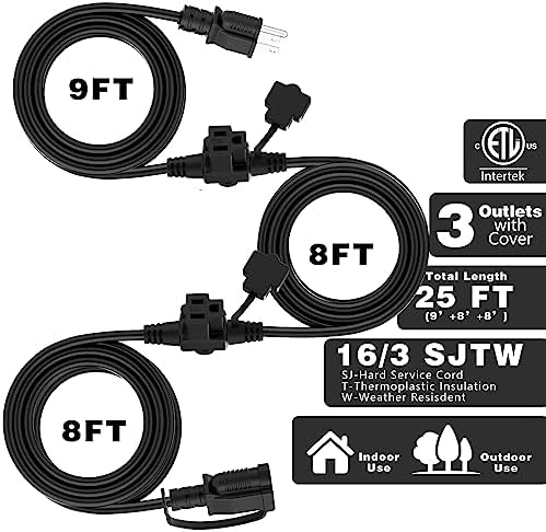 K KASONIC Outdoor Extension Cord 25 FT, Evenly Spaced 3 Outlets, Black - Image 2