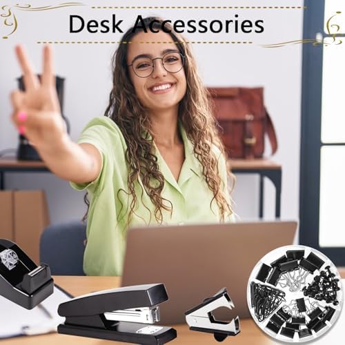 Office Supplies,Black Desk Accessories,Stapler and Tape Dispenser Set for Women with Stapler,Tape Dispenser,Staple Remover,Staples,Clips,Scissors and Tabs,Gift for Students,Coworkers,Teacher,Business - Image 4