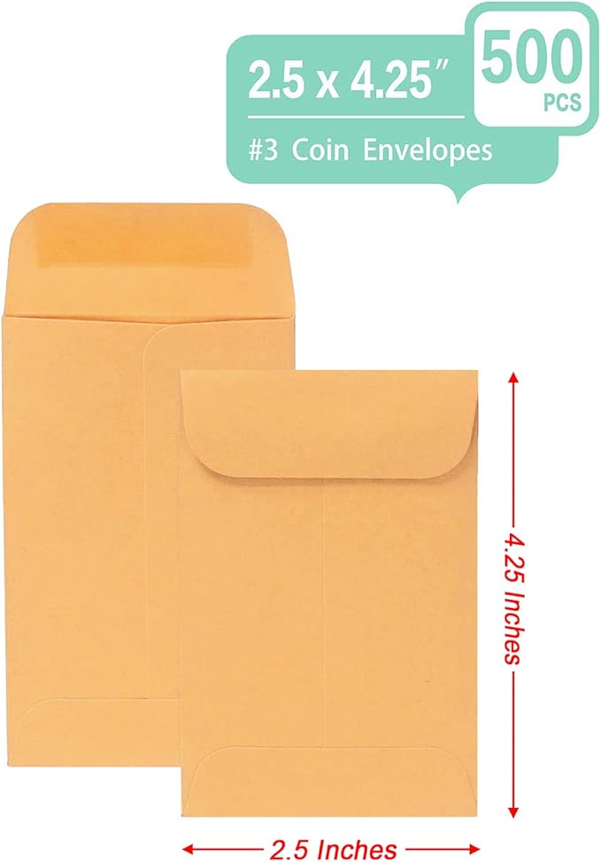 500 PCS #3 Coin Envelopes, 2-1/2” x 4-1/4” inches Brown Kraft Envelopes Classic - Image 3
