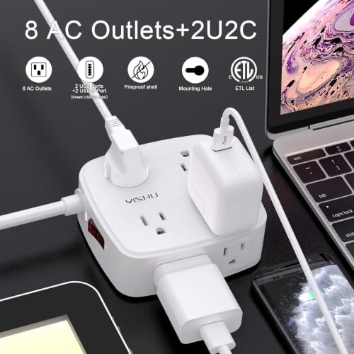 3Ft Surge Protector Power Strip - 8 Widely Outlets with 4 USB Ports, 3 Side Outlet Extender with 3 Feet Extension Cord, Flat Plug, Wall Mount, Desk USB Charging Station, ETL, White - Image 2