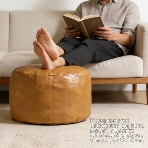 Thgonwid Unstuffed Faux Leather Pouf Cover, Handmade Footstool Ottoman Storage Solution, Floor Footrest Cushion, 16.5”Dx12”H, Yellow - Image 6