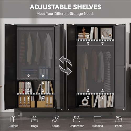 Baborokic Metal Armoire Wardrobe Closet with Hanging Rod,71H Metal Cabinet with Doors and Shelves,Freestanding Bedroom Armoire Closet,Storage Cabinets for Bedroom,Office,Laundry Room(Black) - Image 3