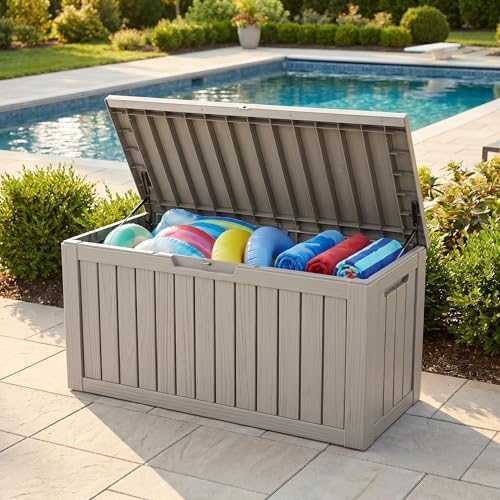80 Gallon Deck Box, Waterproof Resin Outdoor Storage Box with Lockable Lid, Patio Storage Box with Fade Resistant for Patio Furniture Cushions, Pool Accessories, Garden Tools, Light Coffee - Image 5