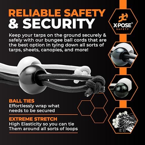 Xpose Safety Bungee Ball Cords 11" 25 Pack Heavy Duty Assorted Colors Black and White Stretch Rope with Ball Ties for Canopies, Tarps, Walls, Cable Organization - Image 4